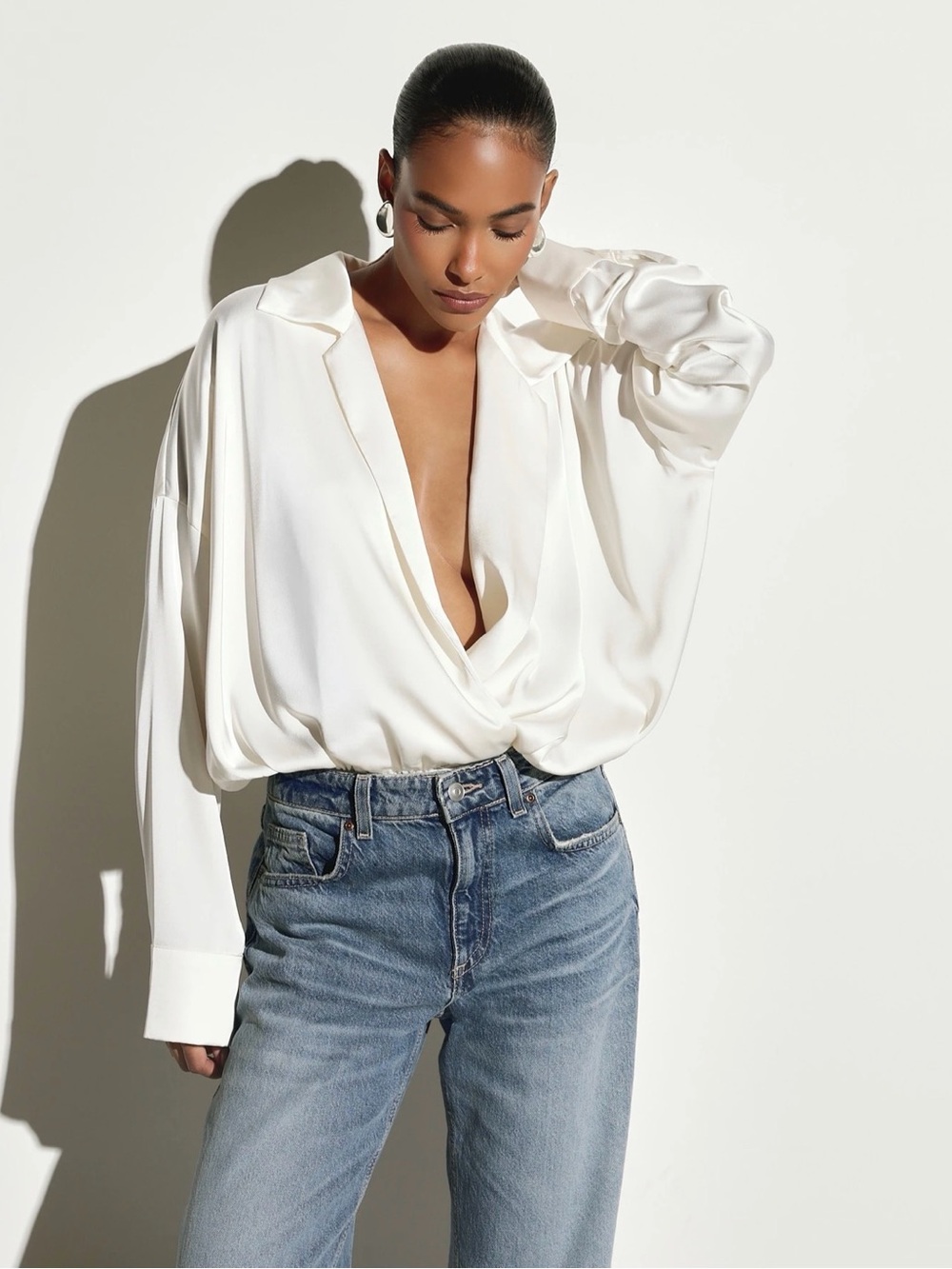 NWT Silky White Draped V-Neck Bodysuit Ivory